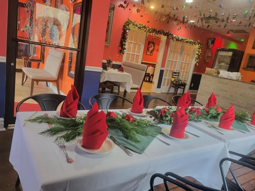 The dining room dressed for the holidays