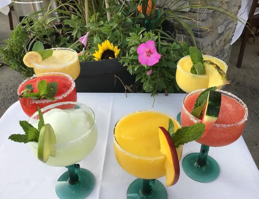 Frozen drinks with fresh fruit, lined up on the patio